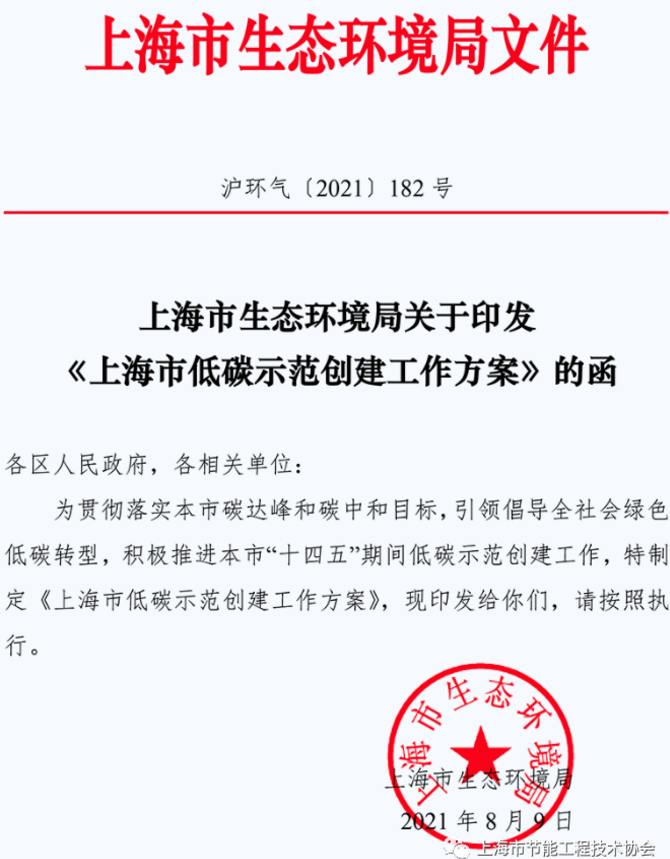 上海市生態(tài)環(huán)境局印發(fā)《上海市低碳示范創(chuàng)建工作方案》