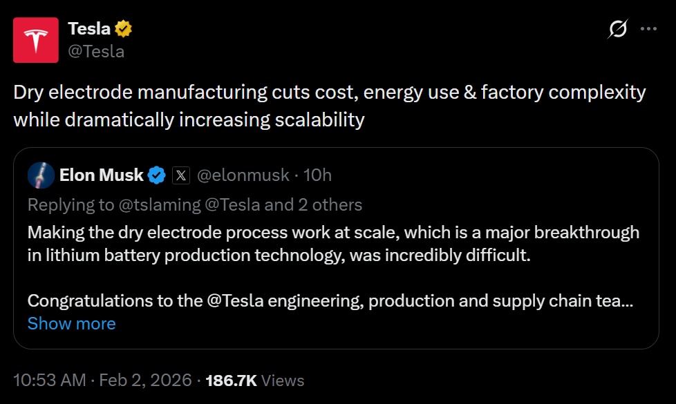馬斯克官宣干電極工藝量產 特斯拉距離固態電池更進一步?